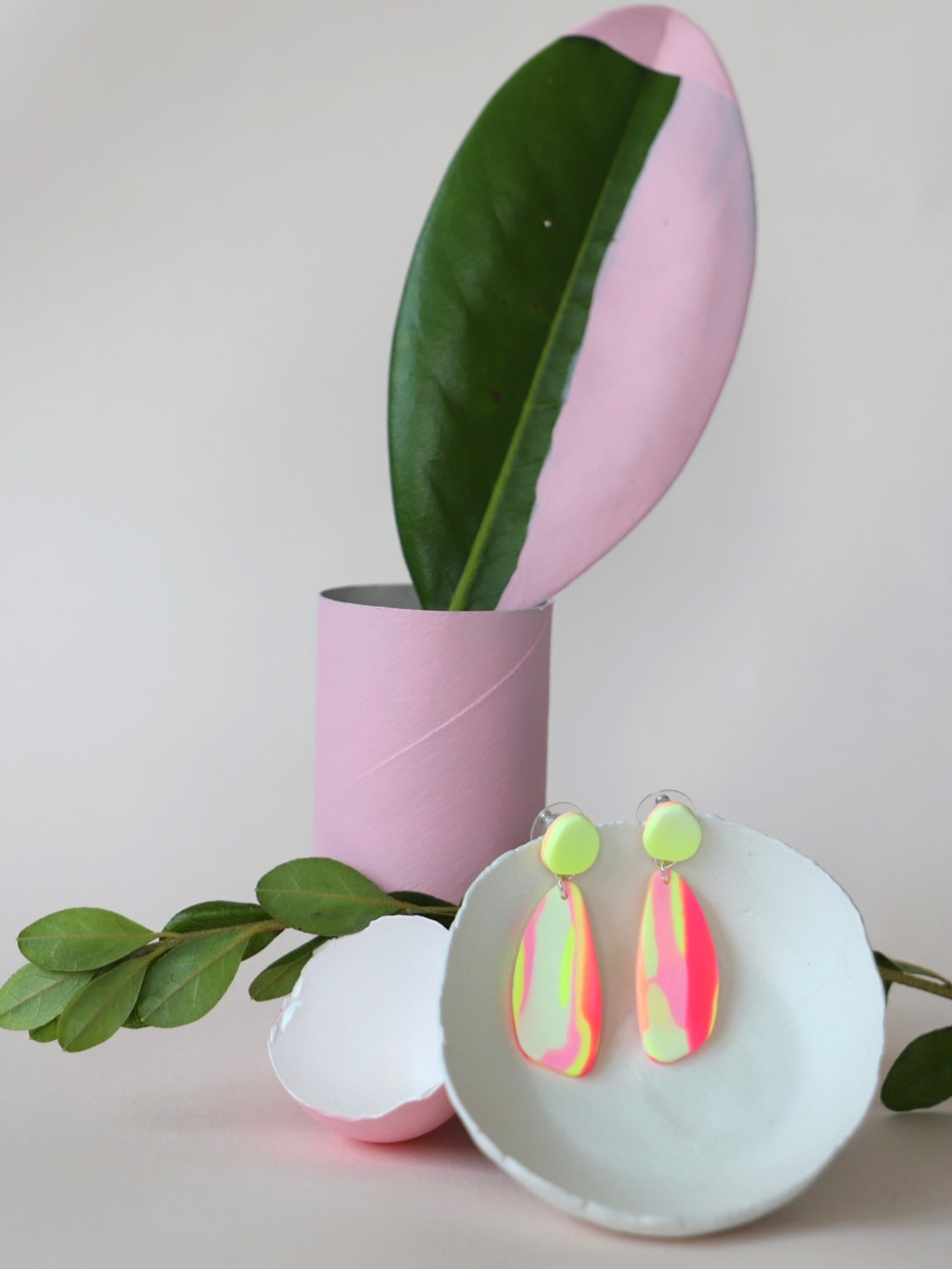 Neon yellow and pink dangle earrings