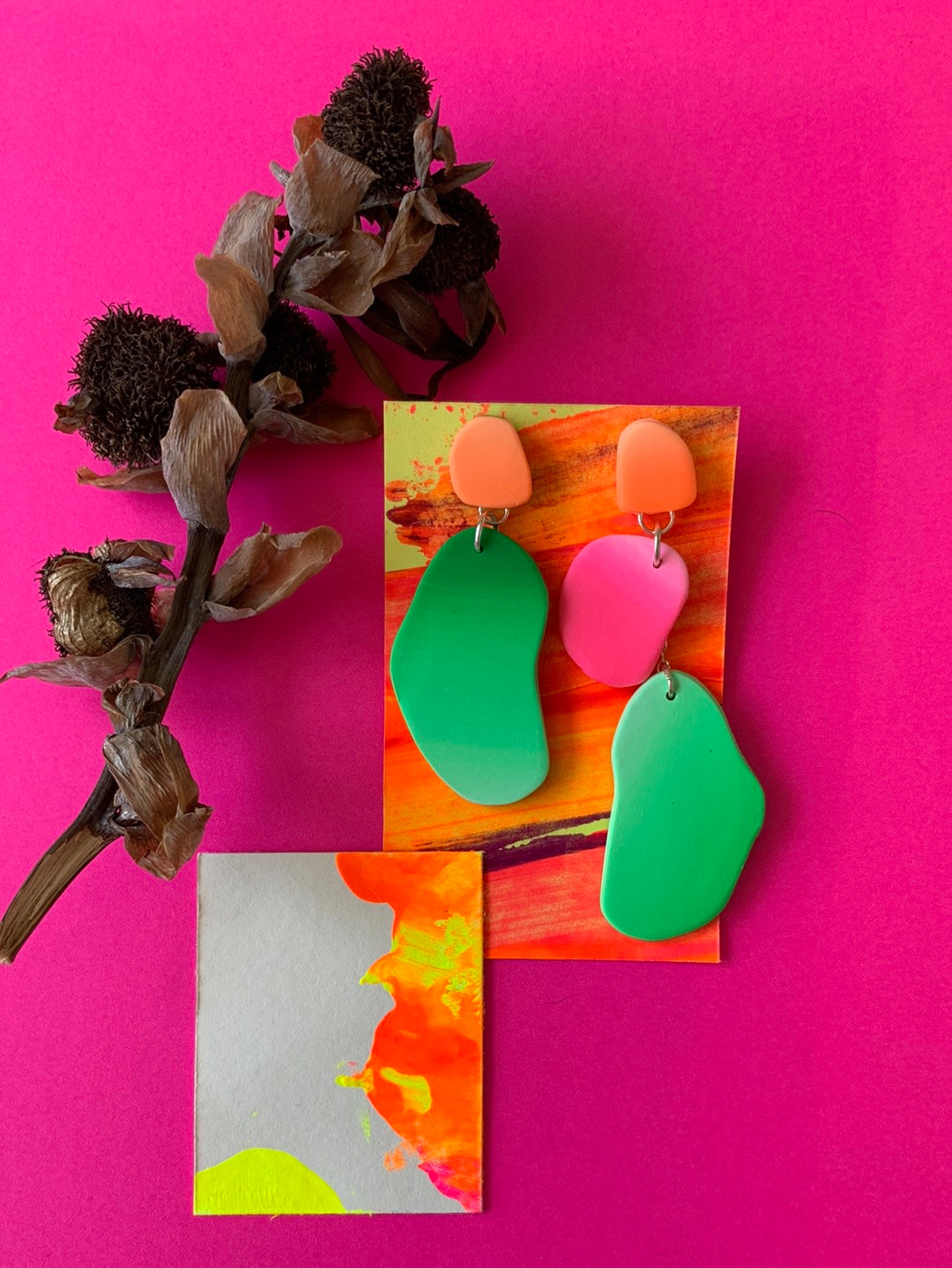 Orange green and pink earrings