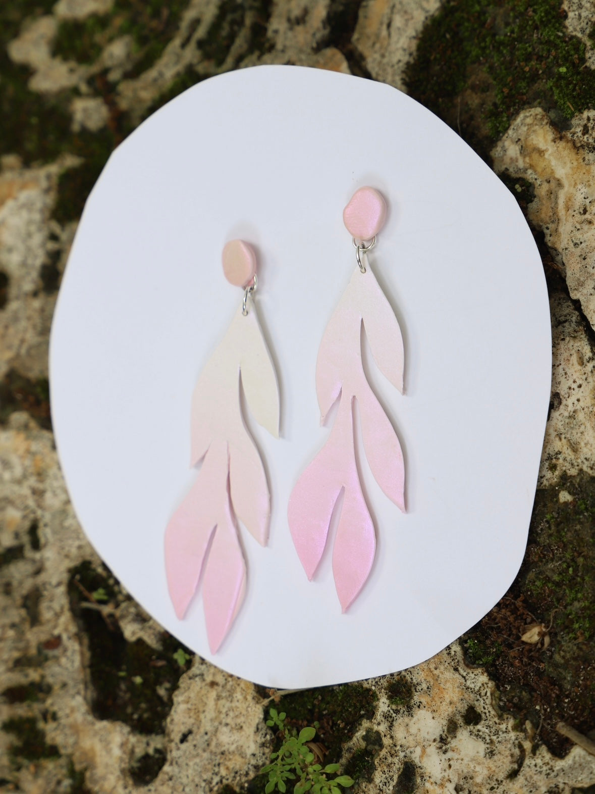 Floral white to pink ombre earrings