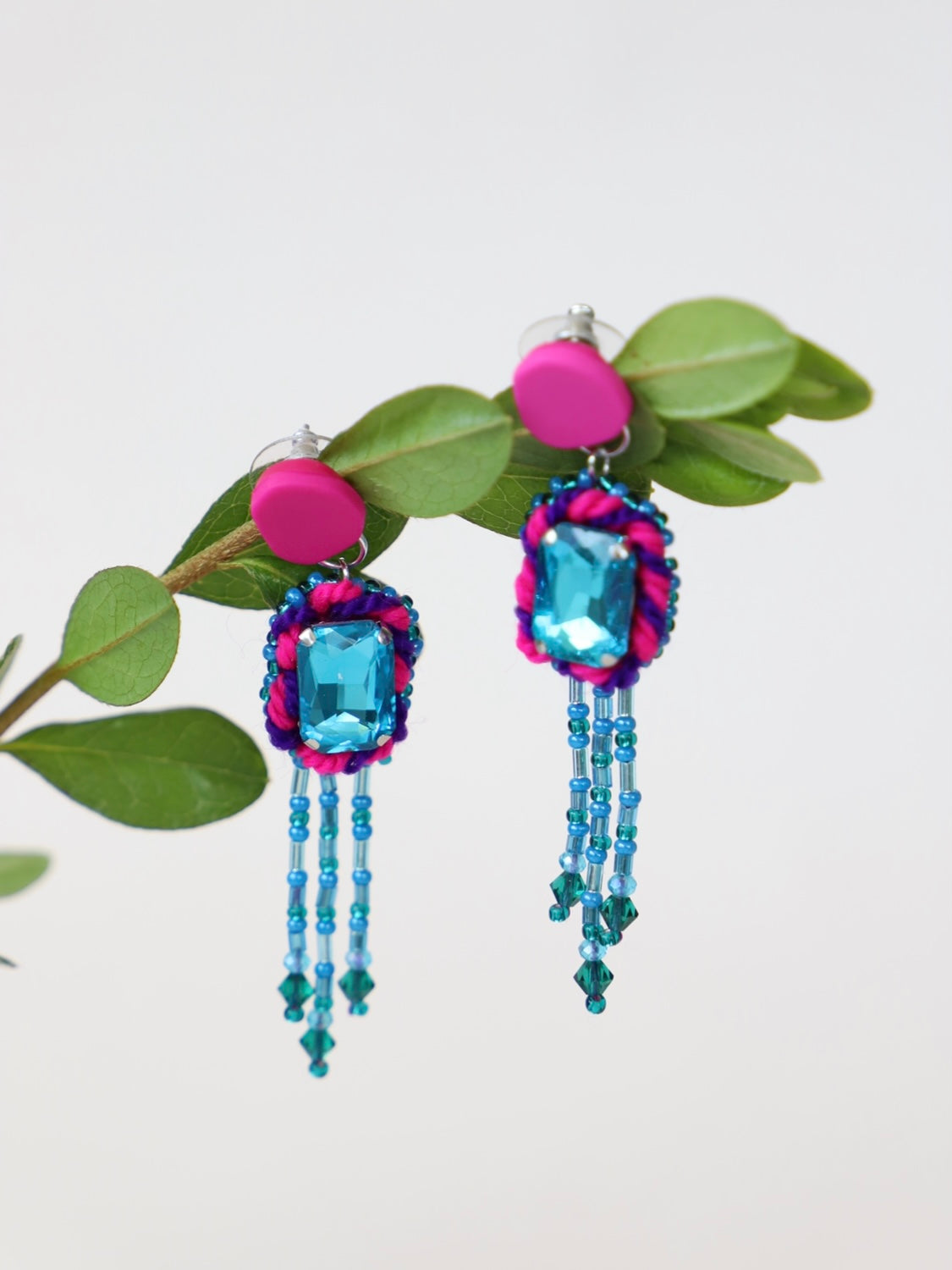 Elegant blue and pink earrings with gems